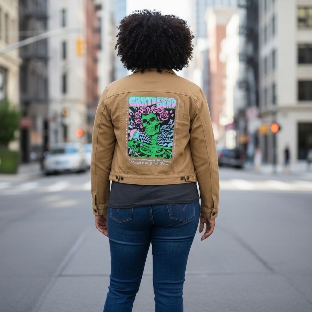 FNG LA Vintage Y2K Tan Trucker Jacket Grateful Dead Style Patch Size Medium